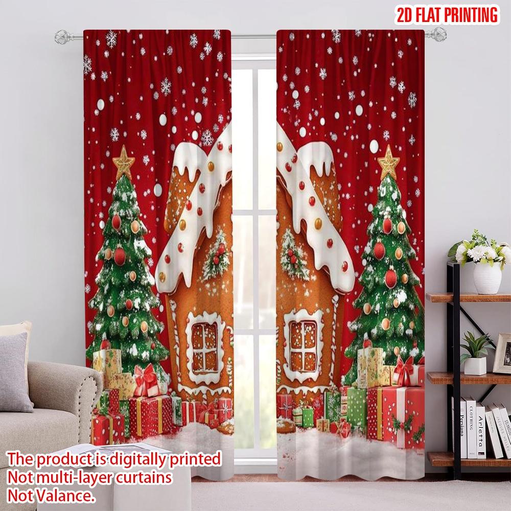 

Set Of 2 Flat Printing Merry Christmas Party Curtains Polyester Without Electricity Holiday Decor Use Curtain W100*H70(CM)-Hooks&1PCS