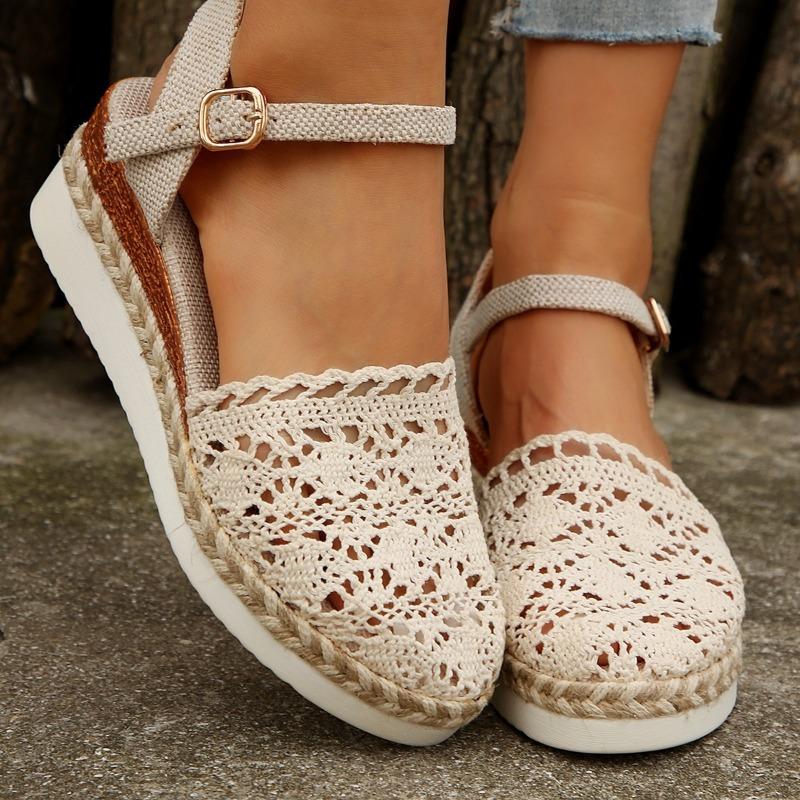 Large Size Wedge Sandals Summer New Bag Head Woven Hollow One-word Buckle Women's Sandals