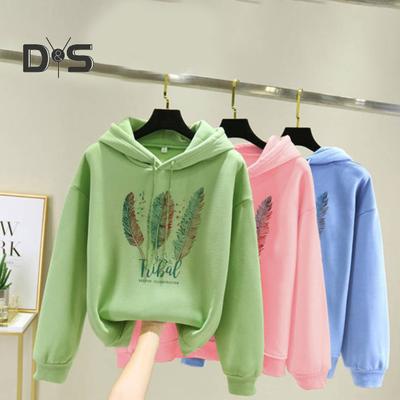 Fall Winter Hoodie Feather Print Long Sleeve Thick Loose Soft Drawstring Hooded Unisex Keep Warm Casual Elastic Cuff Women Men Hoodie