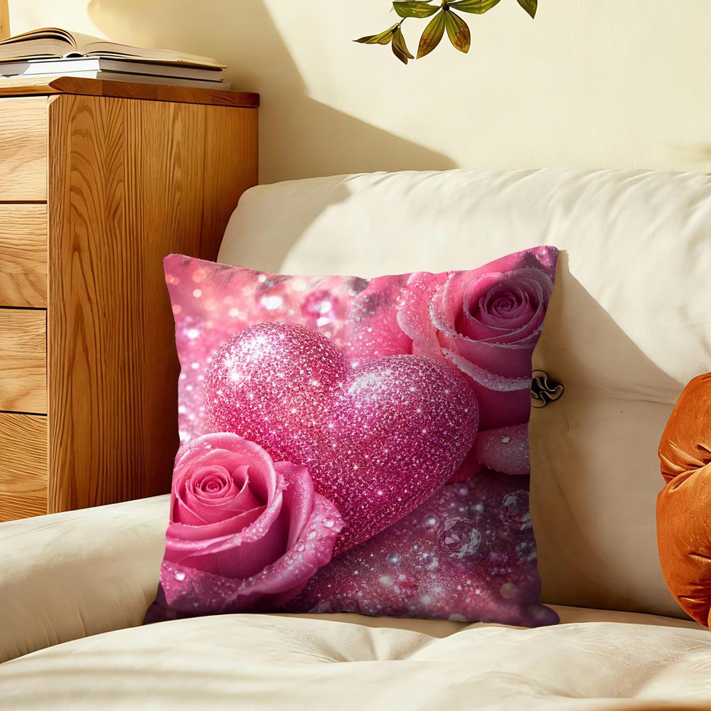 Pink Glitter Hearts Roses Cushion Cover Plush Fabric Soft DoubleSided Printed Sofa Warm Winter Home Gift Pillow Cover