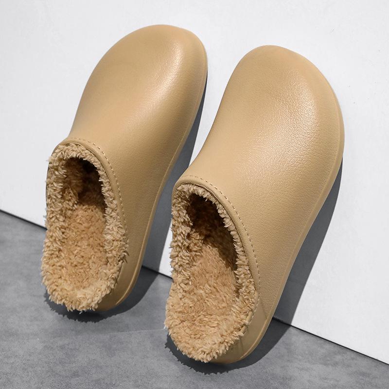 Men's Winter 2025 Non-Slip Waterproof Cotton Slippers: Leather & Fur, Thick Sole, Plus Velvet, Indoor.