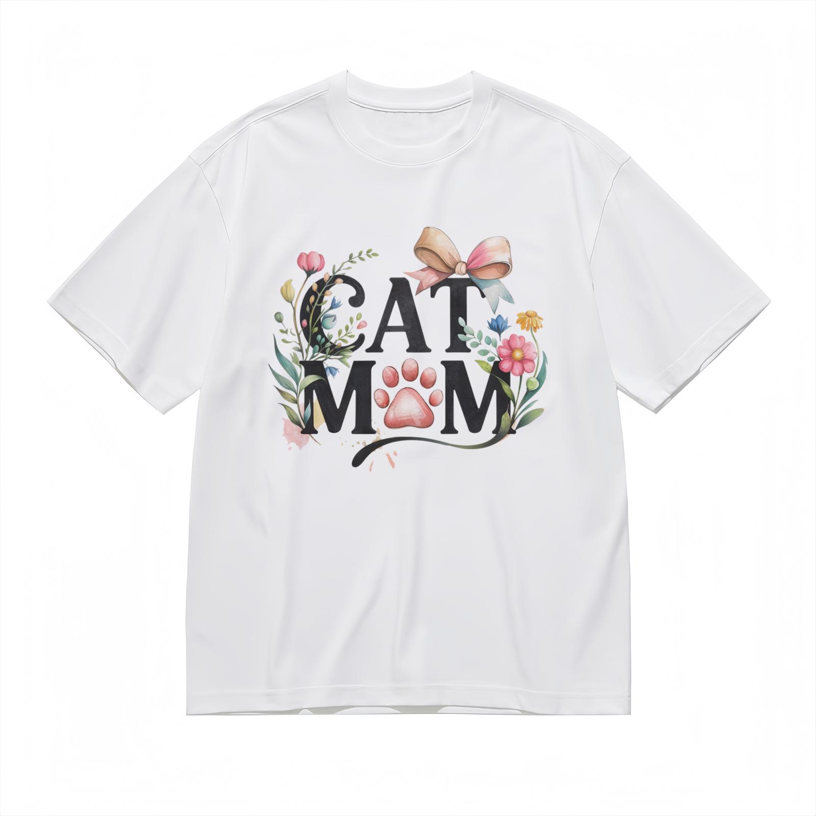 Kitty Mom T-Shirt Mens Womens Tees Top With Floral Accents Playful Paw Print Design Black Cotton Tee 4XL
