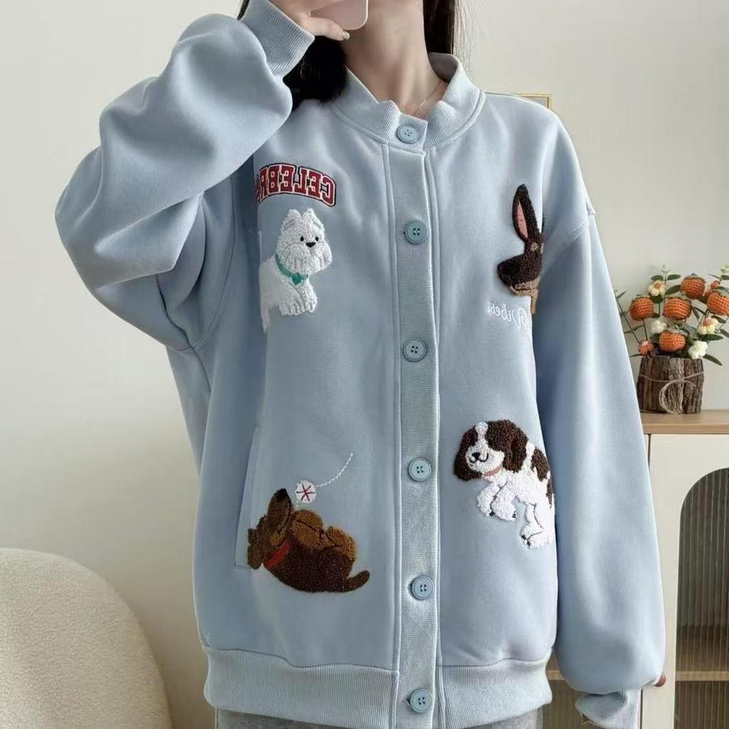 Women's Fun Cartoon Embroidery Chenille Cardigan Sweatshirt - Autumn Korean Lazy Style Loose BF Casual Baseball Jacket