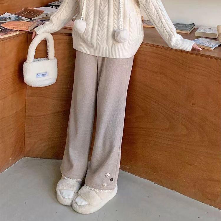 Women's Cotton Cute Straight Pants Fall and Winter High Waist Casual Trousers Street Drawstring Straight Pants