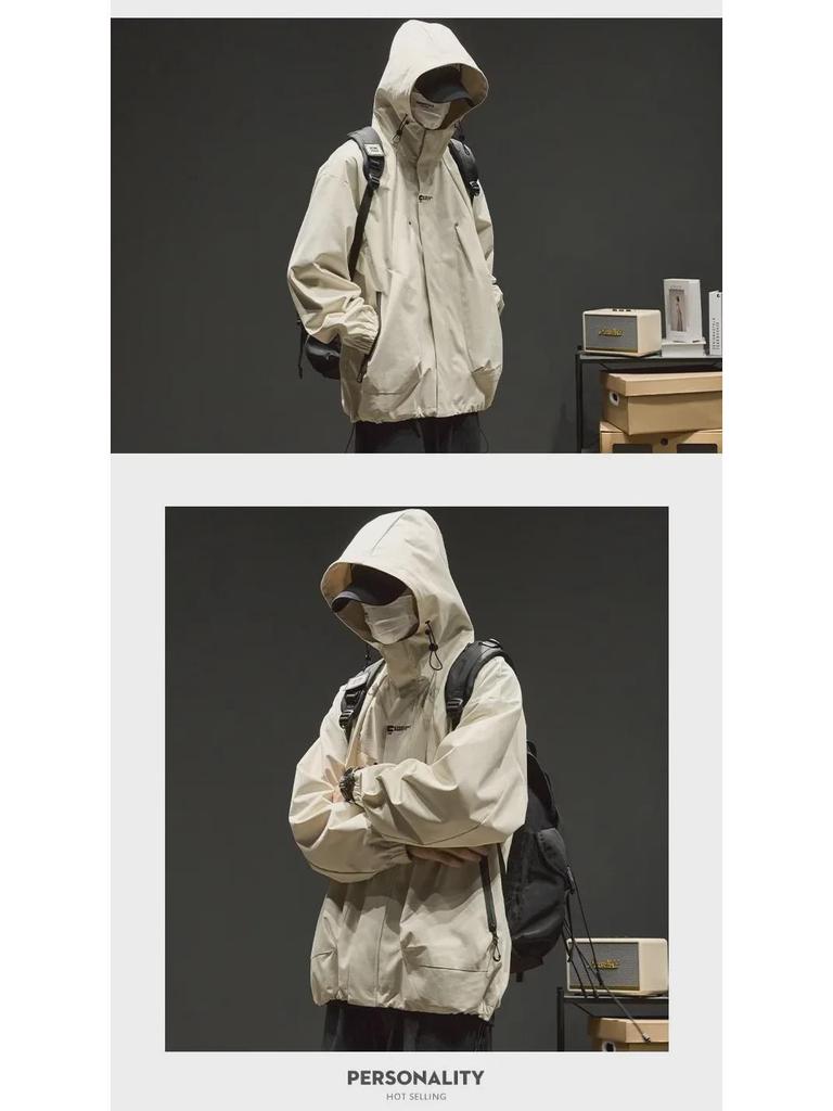 Men's Retro Street Style Hooded Jacket - Oversized, Solid Color, Trendy Brand