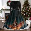 Women's Casual Vintage V-Neck Long Sleeve Dress with Christmas Print for Holiday Party