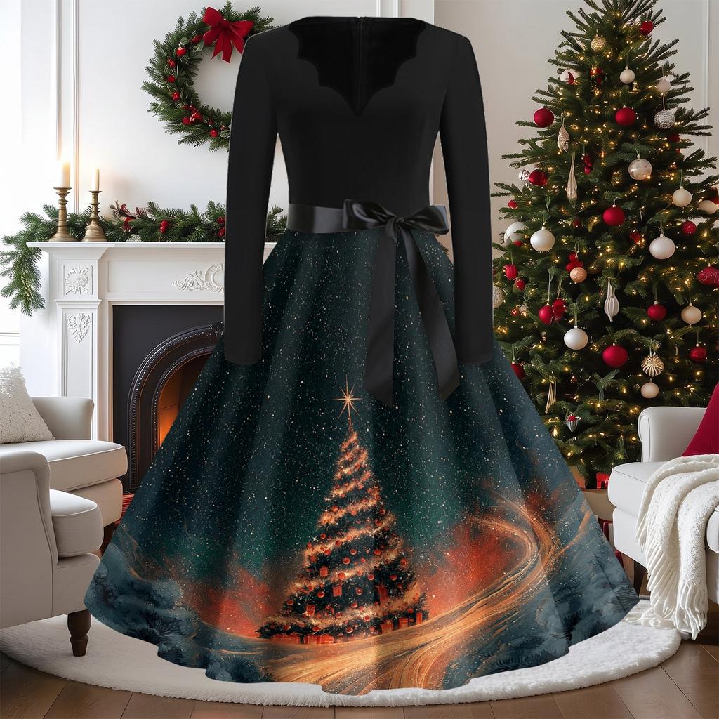 Women's Casual Vintage V-Neck Long Sleeve Dress with Christmas Print for Holiday Party