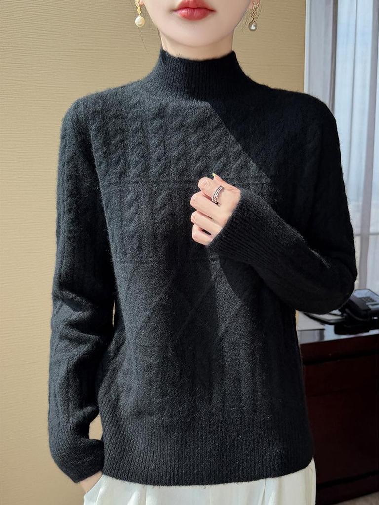 Autumn/Winter Women's Pure Wool Half High Neck Cable Knit Loose Sweater