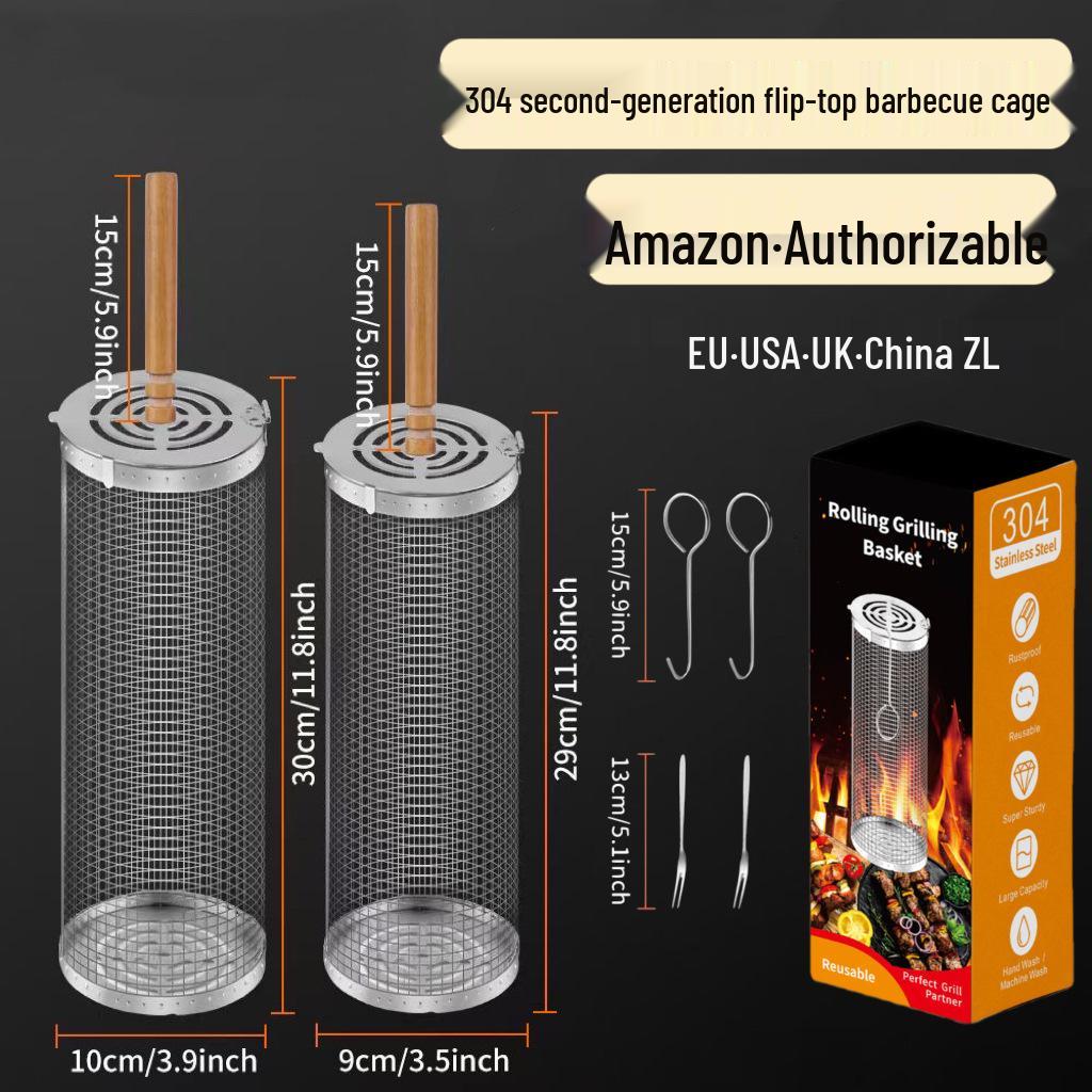 Rotating BBQ Grill Basket: 304 Stainless Steel with Wooden Handle