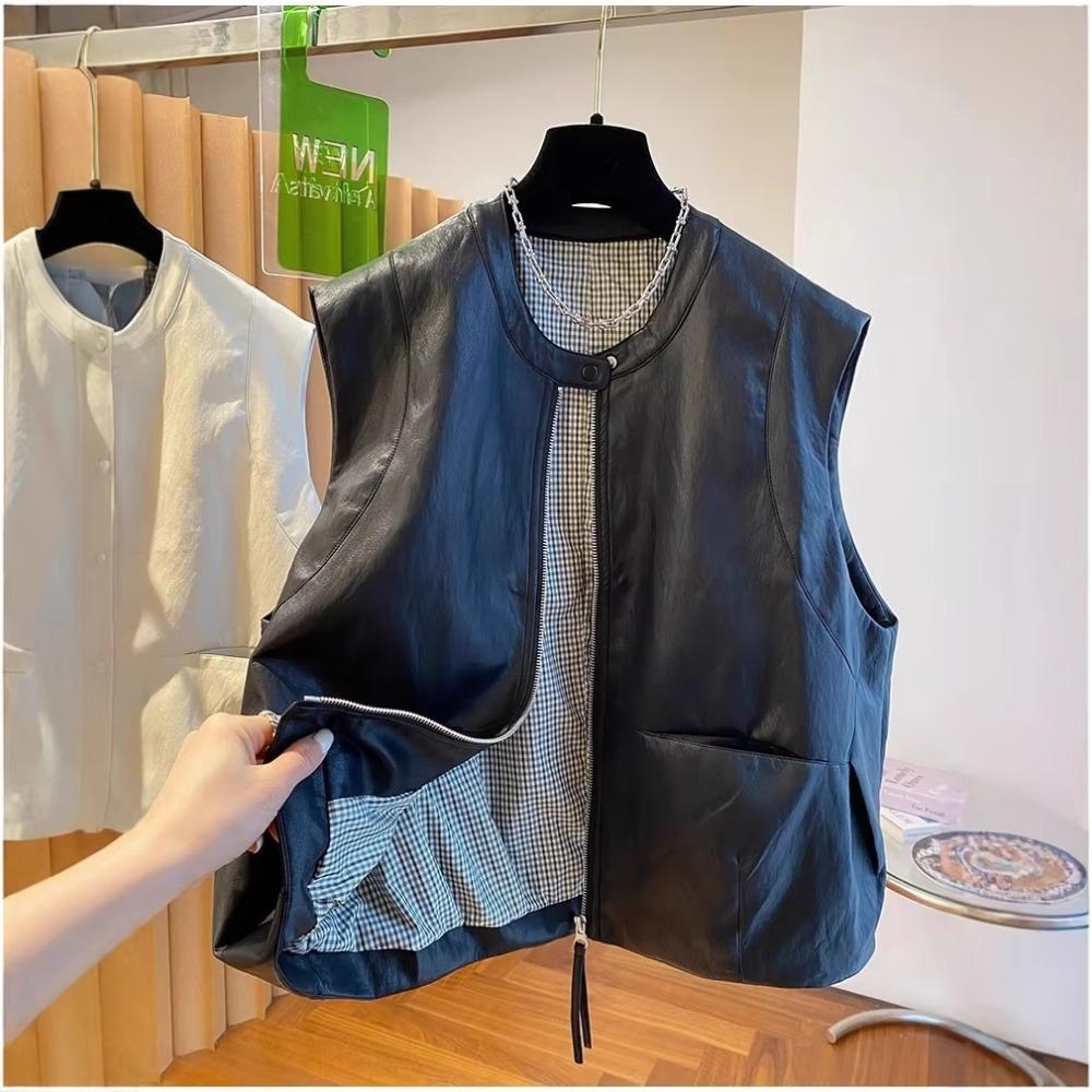 Leather Vest Jacket Women's Spring and Autumn Loose Sleeveless Vests Waistcoat Tops Casual Women Coat