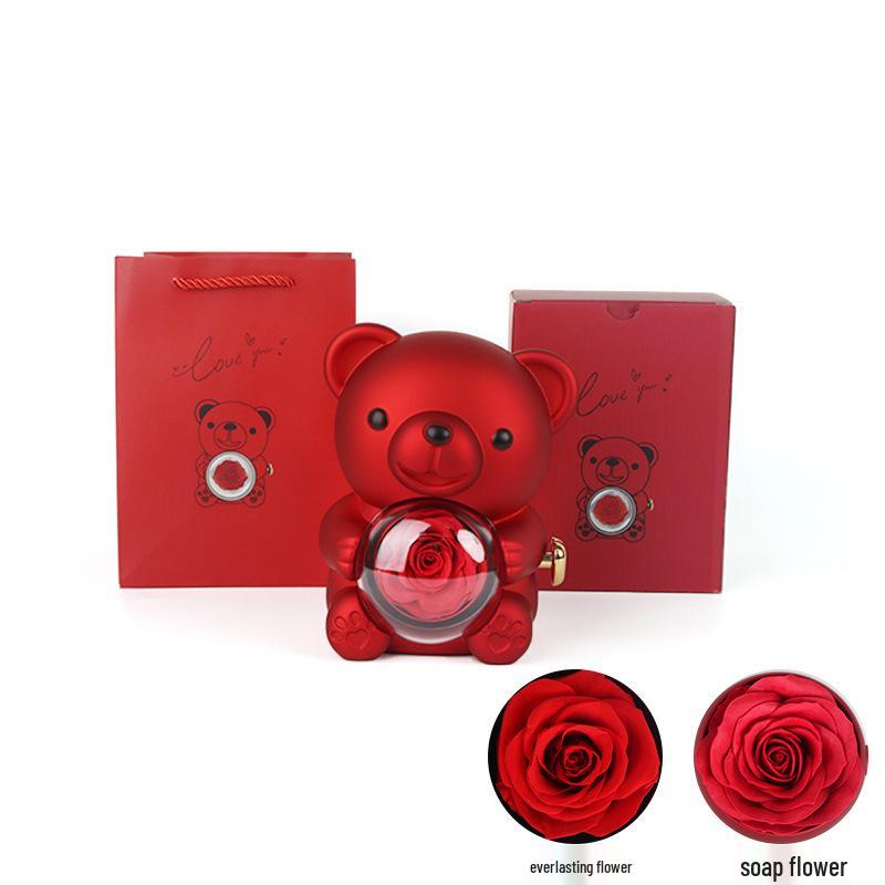 High-Quality Rotating Bear Jewelry Box with Everlasting Flowers - Perfect Valentine's Day Gift