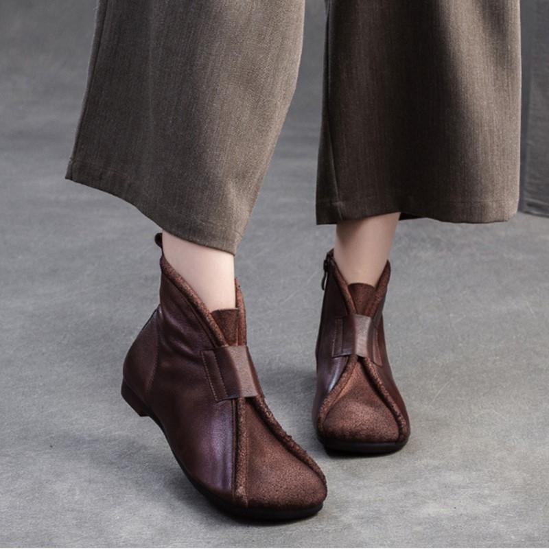 Johnature Sapatos femininos de couro legítimo, bota curta retrô confortável e de fundo plano