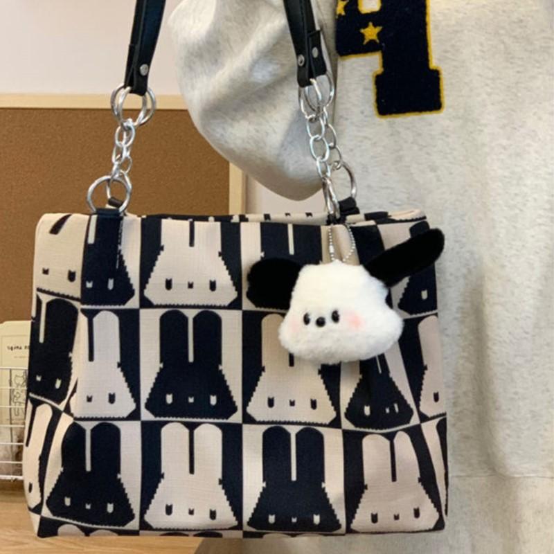 Korean Cute Rabbit Print Tote Bag Women Black White Color Block Large Capacity Shoulder Bag Ladies Canvas Fashion Underarm Bags