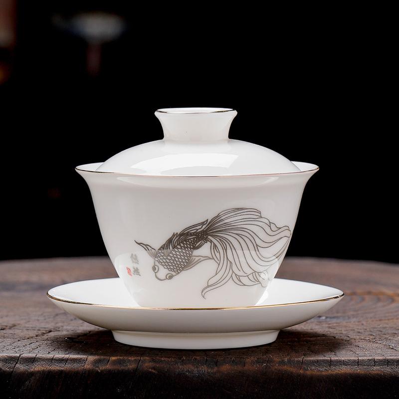 Suet jade white porcelain kung fu tea set household cover bowl teapot tea cup high-end gift box festival gift set