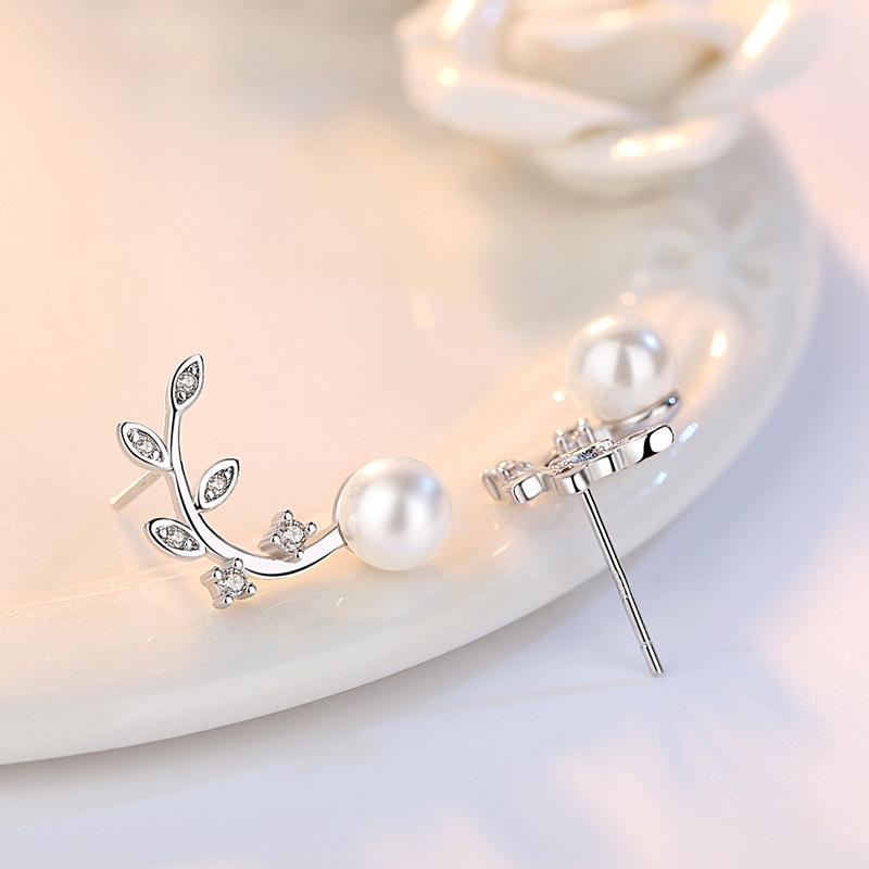 New Simple Fashion 925 Sterling Silver Zirconia Flower Pearl Branch Tree Leaves Stud Earrings For Women S-E261