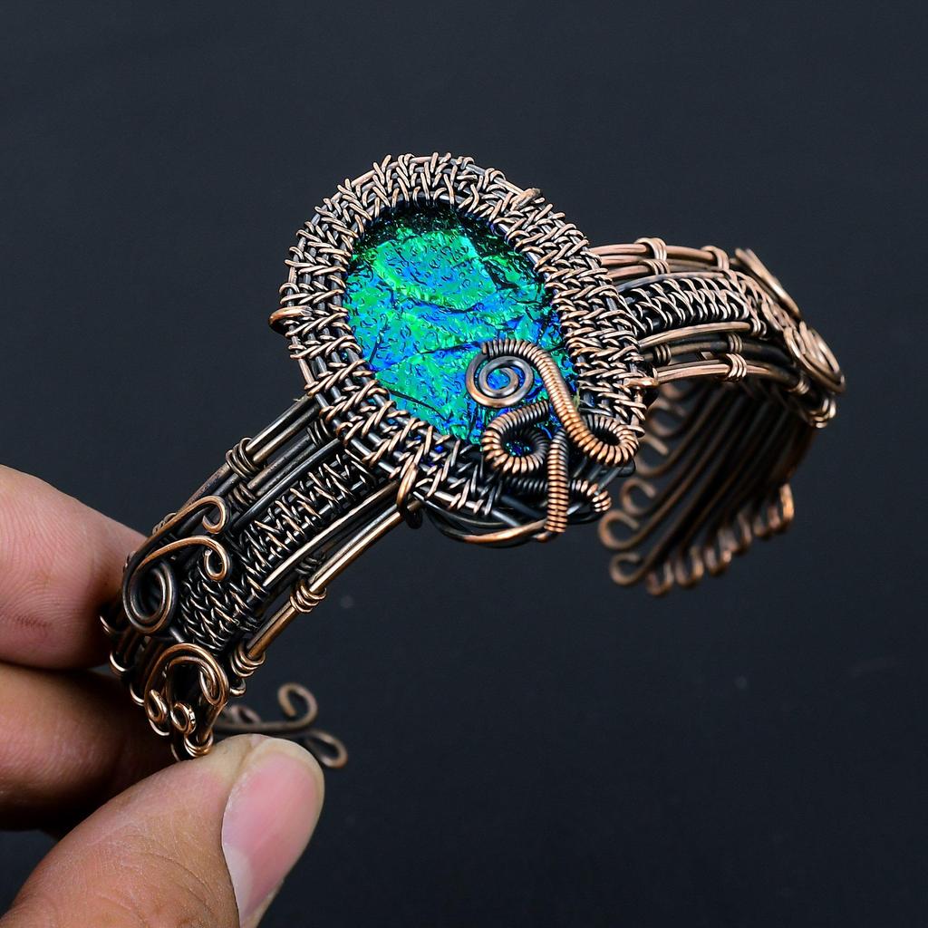 Modrý australský trojitý opálový drahokam Čistý měděný drát omotaný ručně vyráběnou manžetou/náramkem