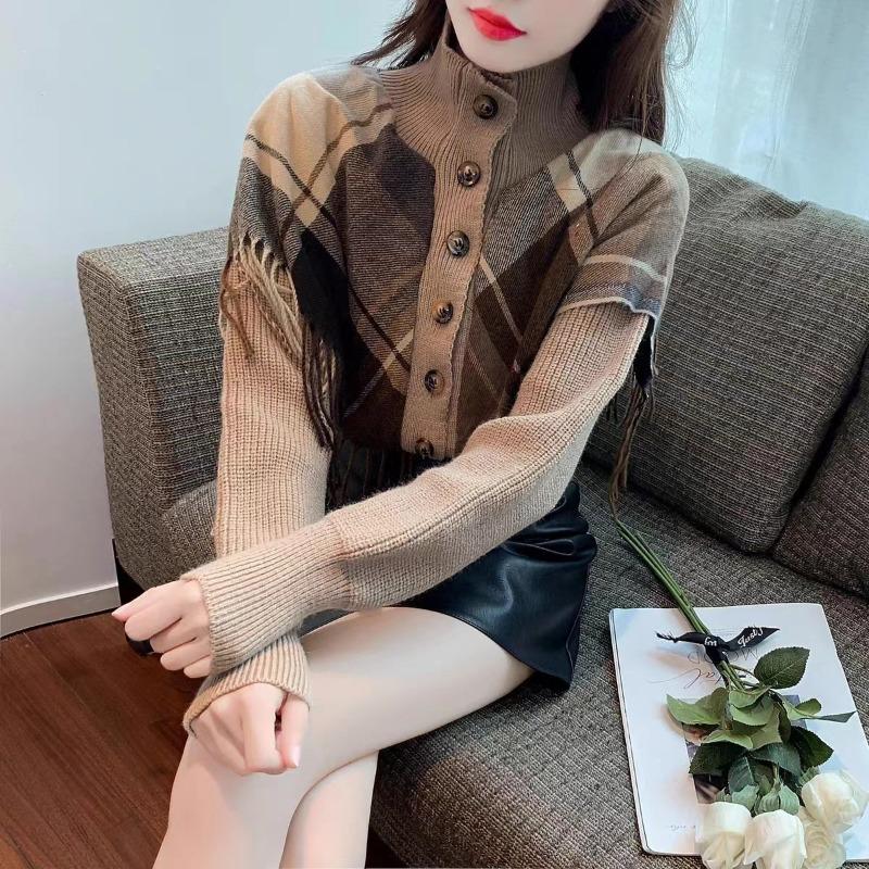 Autumn and winter new turtleneck knitted sweater design plaid fringed shawl fake two-piece knitted cardigan