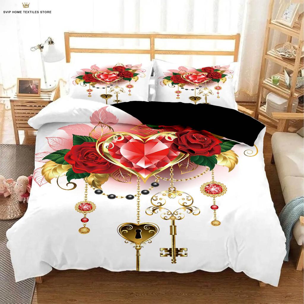 Set de lenjerie de pat cu husă de pilotă cu imprimeu retro roșu trandafir inimă de Ziua Îndrăgostiților, textile, husă de pilotă, față de pernă, lavabil la mașină, 3 piese