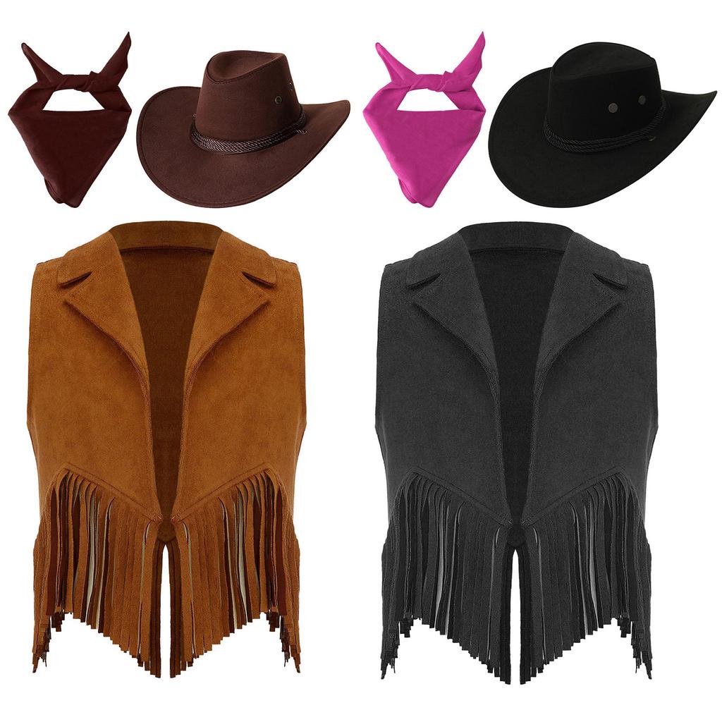 Quality Suede Cowgirl Vest Set for Girls 3Pieces: Includes Hat & Bandana, Tassel Fringe Western Costume for Halloween Play