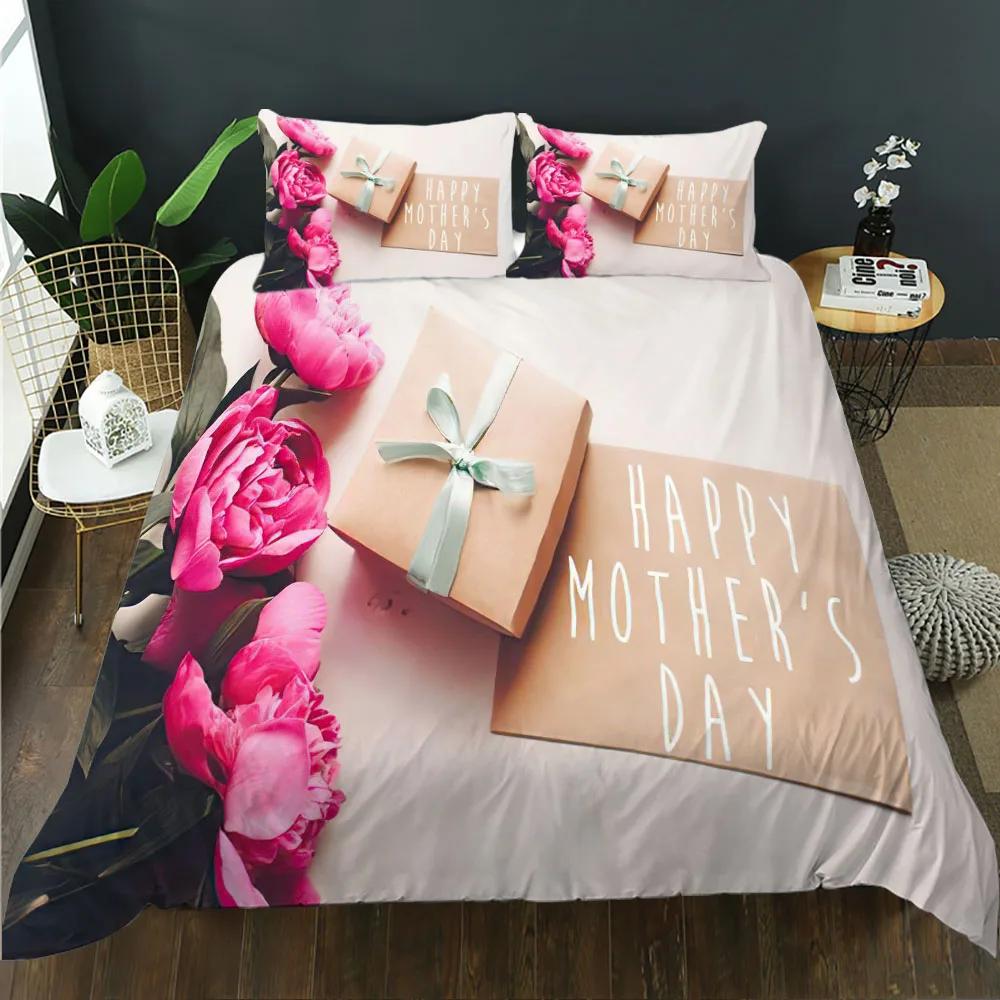 Mother's Day King Queen Duvet Cover Express Love For Mom Wife Bedding Set Colorful Floral Quilt Cover Polyester Comforter Cover