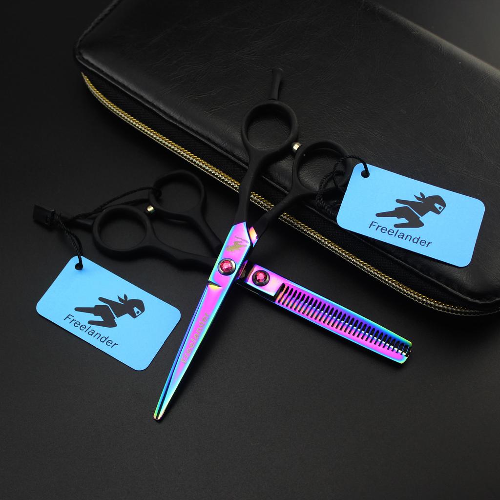 Freelander, colored black handle, hair scissors, flat scissors, tooth scissors, thin scissors 5.5 inches