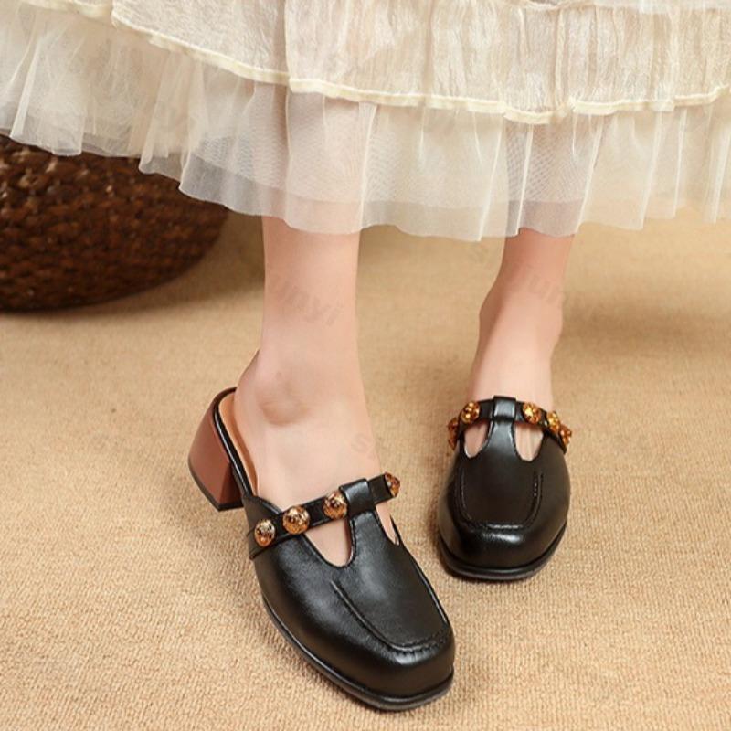 Fashion Retro Hollow Half Slippers Women's Summer 2025 French Style Fashion Comfortable Mary Jane Single Shoes Outdoor Square Head Pumps