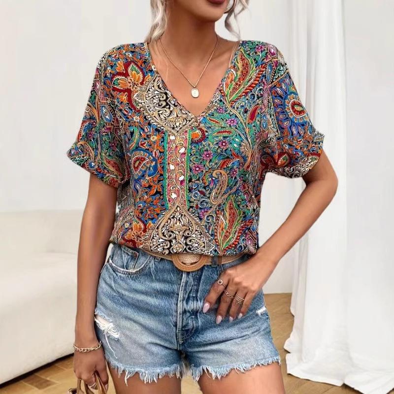 Casual V-neck Short Sleeved Top with Western Style Trend Printed Loose Women's T-shirts