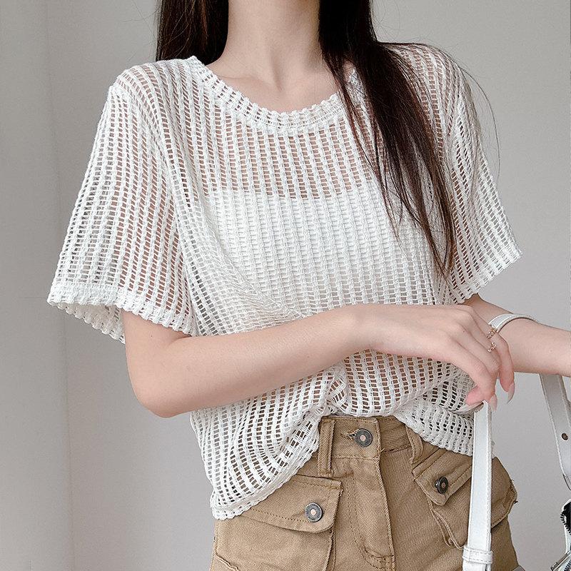Summer Women's Knitted T-shirt Hollow Knitted Shirt Large Size Short Sleeved Shirt Outer Cover Top