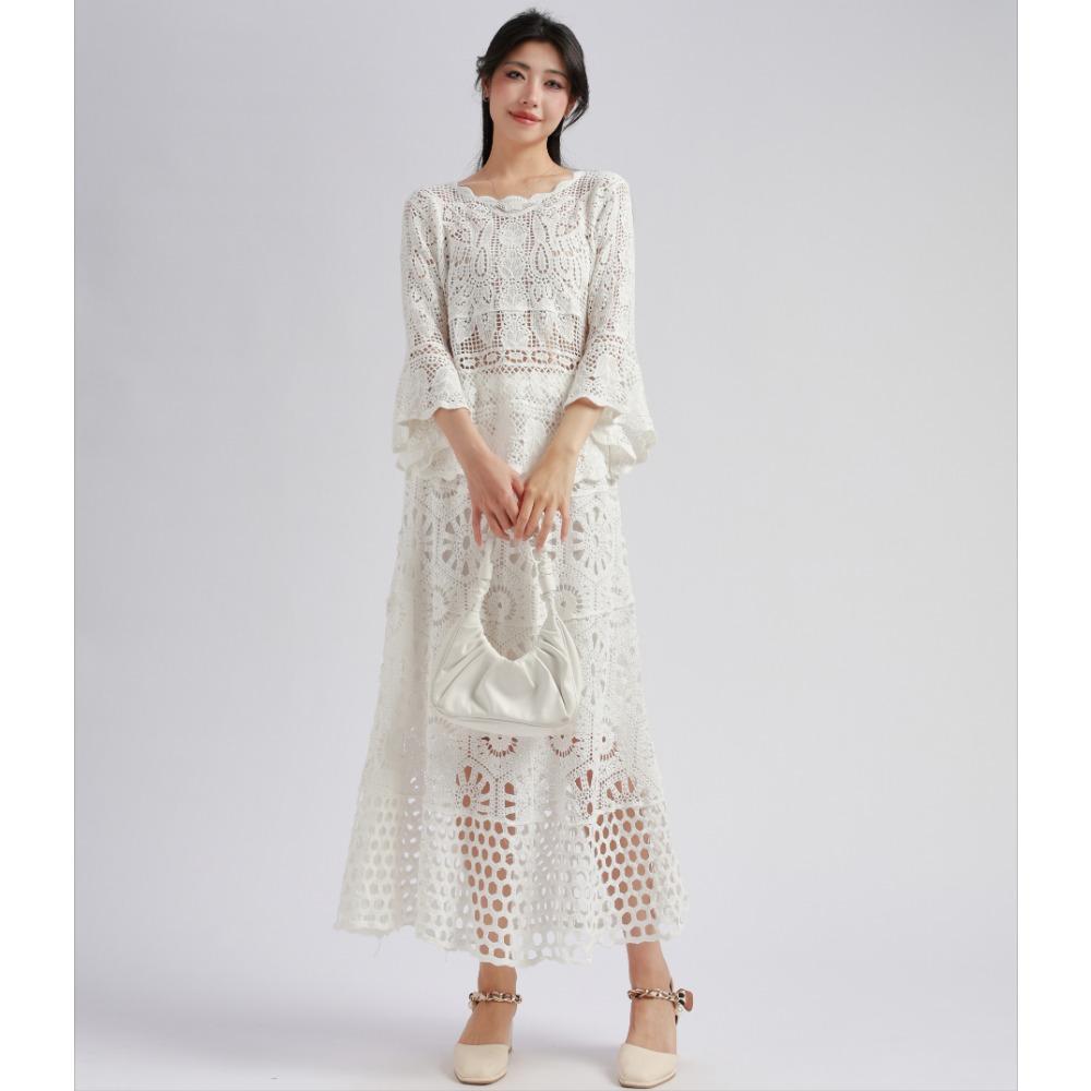 

DIMANAF 2025 Новый юбочный костюм женский пляжный с коротким рукавом кружевной вязаный с вырезами сексуальный с круглым вырезом полый летний стиль топы футболки свободный базовый one size белый