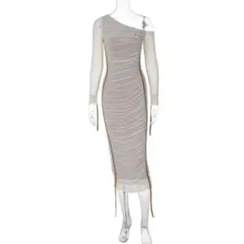 Dress Fashionable Pleated Women's Long-sleeved Mesh Spliced Slanted Shoulder Mid-length