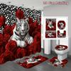 4Pcs 2D Flat White Tiger Roses Shower Curtain Set with Non-Slip Bath Mat, Toilet Lid Cover, Contour Rug & 12 Hooks, Bathroom Decor