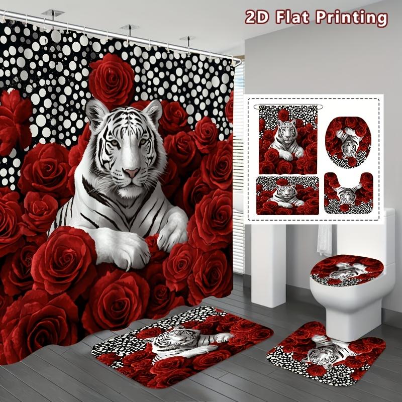 4Pcs 2D Flat White Tiger Roses Shower Curtain Set with Non-Slip Bath Mat, Toilet Lid Cover, Contour Rug & 12 Hooks, Bathroom Decor
