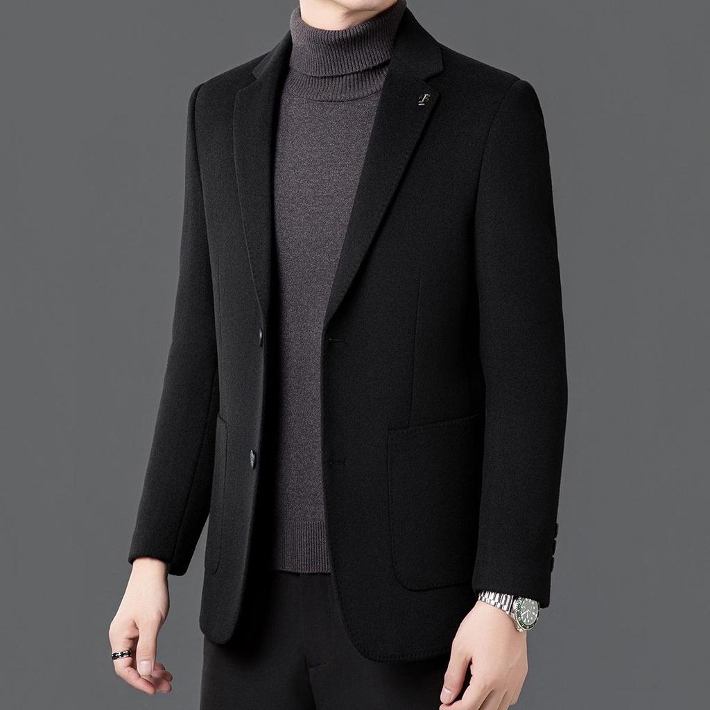 Men's Wool Suit with Goose Down Liner - Fashionable Autumn/Winter Double-Sided Casual Overcoat for Young and Middle-Aged.
