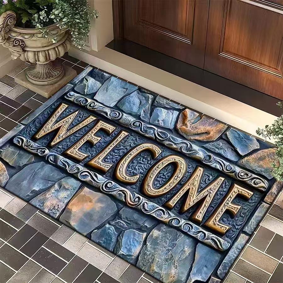 3D Vintage Stone Texture Welcome Doormat Collection Anti-Slip Entrance Rug With Artistic Embossed Design For Home Decor
