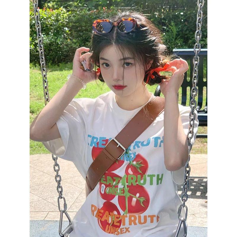 Unisex Retro Tomato Print Cotton T-Shirt, Plus Size, Loose Fit, Round Neck, Half Sleeve