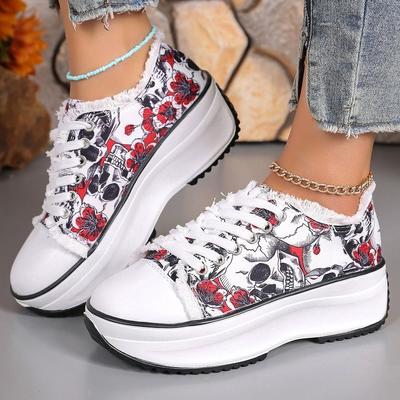 Fashion Chunky Platform Print Sneakers for Women 2024 Autumn Lace Up Vulcanized Shoes Woman Non Slip Thick Bottom Sports Shoes Plus Size