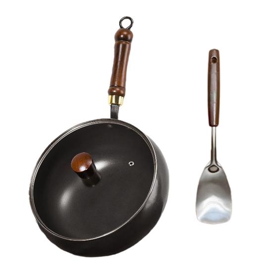 ווק מחבת ברזל יצוק מסורתי עם מכסה ומרית 24 ס"מ כלי בישול מברזל טהור עם טכנולוגיה פיזית נון-סטיק ללא ציפוי