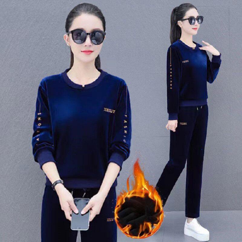 Winter Velvet Two Pieces Sets O Neck Plush Lined Loose Outfit Straight Baggy Pant Suits Thick Warm Casual