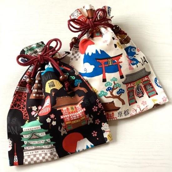 Kyouyou Japan-made Drawstring Bag Pouch Approximately 24.519cm Cotton Wooden Bead Black