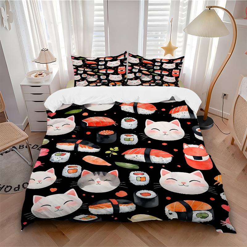 3pcs Cats and Sushi Bedding Set, 1 Soft Quilt Cover + 2 Pillowcases, Machine Washable, Suitable for All Seasons