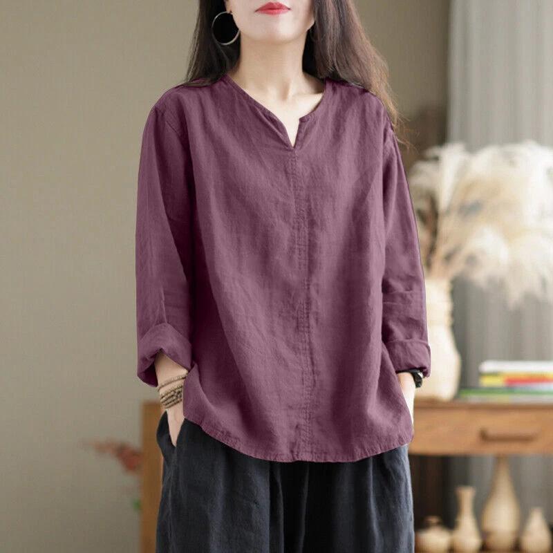 Autumn Women Vintage Cotton Blouse Fashion Solid Loose Shirt Work Tunic Blusas Mujer V Neck Long Sleeve