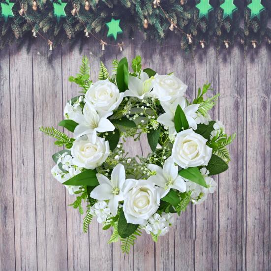 Artificial Floral Wreath for Front Door Realistic Large Rose Lily Flower Wreath with Leaves for Spring Valentine's Mother's Day Wedding Home Decor
