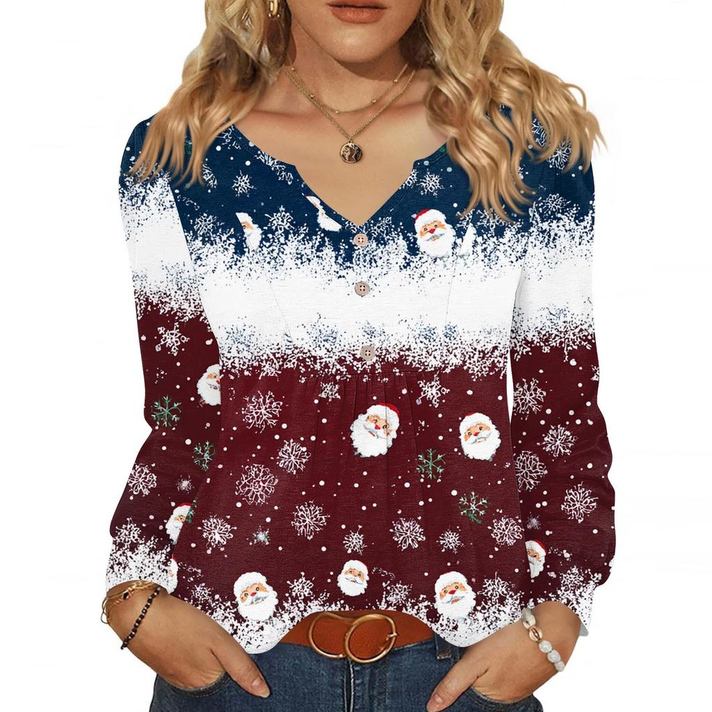 Women's Fashionable Casual V-neck Blouse Button Christmas Printed Long-sleeved Pullover T-shirt Top