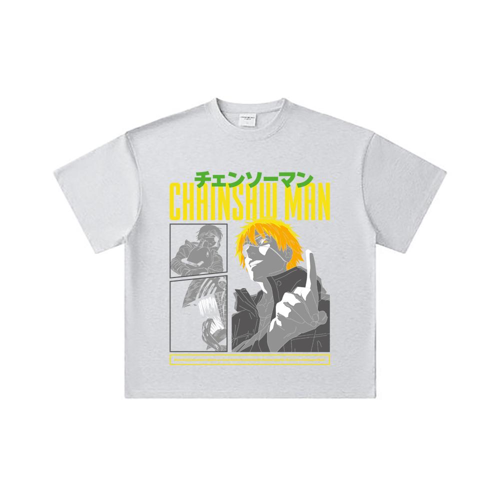260 GSM Double Yarn 32 Count 100% Cotton Chainsaw Man V45 Denji Print Unisex Heavy Cotton T Shirt