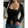 Sexy T Shirts Women Square Collar Single Breasted Tops Long Sleeve Slim Tees Spring Autumn New Base Layer Solid T Shirt