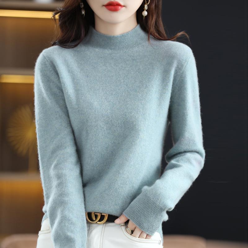 Women's Pure Wool Ribbed Sweater - Autumn/Winter Loose Fit Semi-High Neck Pullover
