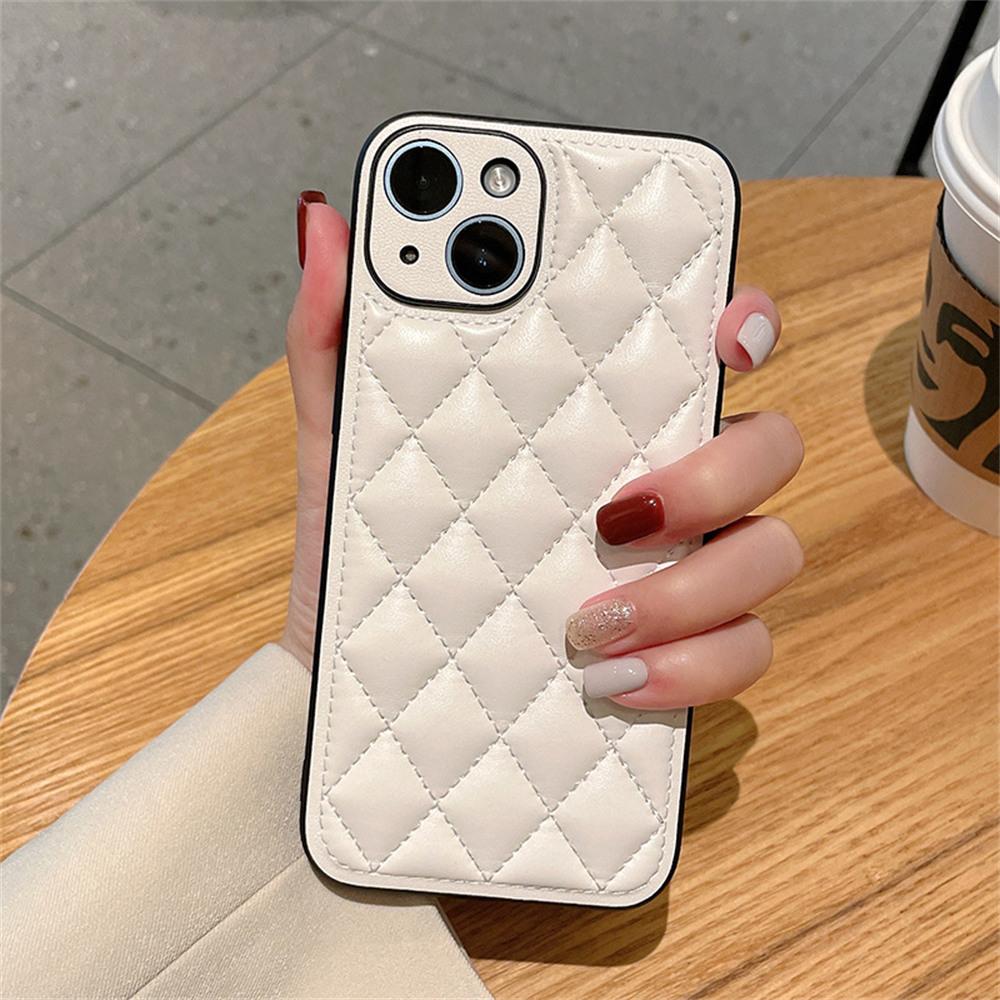 For iPhone 15 Case Rhombus Stitching PU Leather + TPU Shockproof Phone Cover