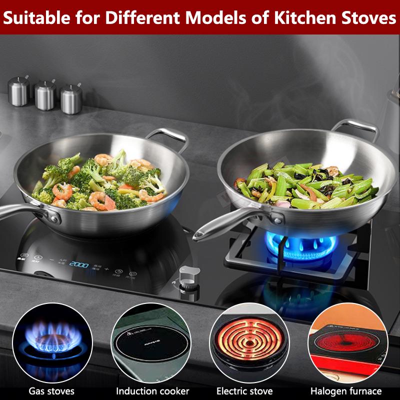 Tri-Ply Stainless Steel Wok Pan 12.6 Inch Stir-Frying Pan Induction Cooking Pan Dishwasher and Oven Safe with Auxiliary Handle