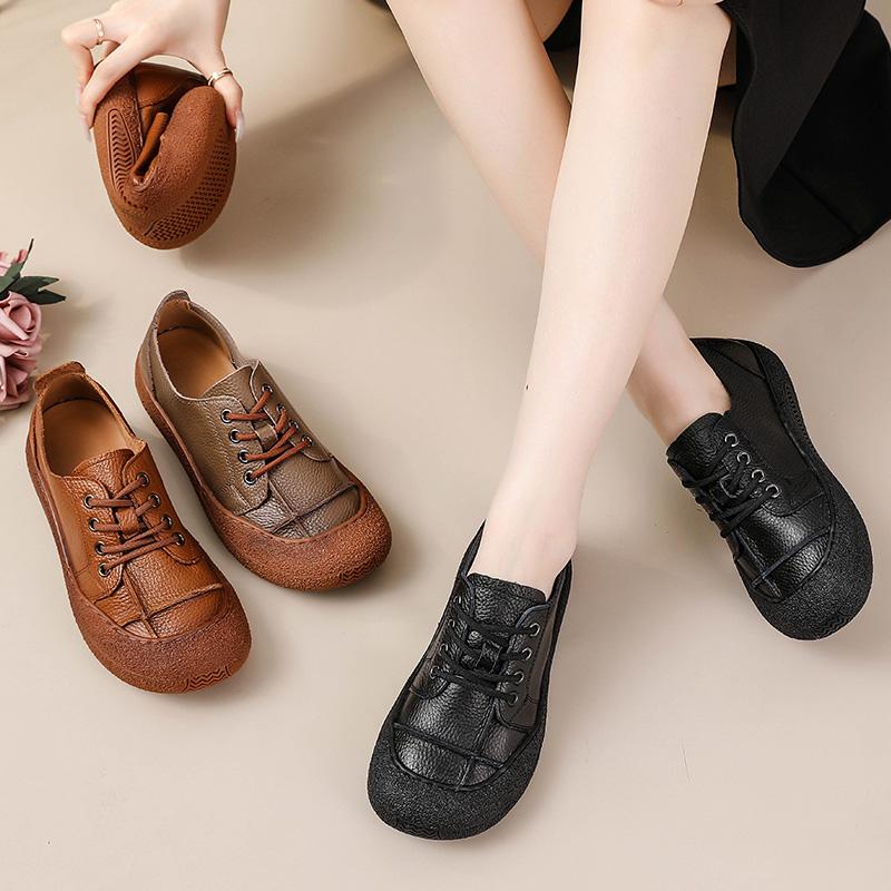 Fashion New Retro Anti Collision Oxfords Flats Women's Genuine Leather Walking Shoes Woman Laced Up Non Slip Soft Casual Moccasins Nurse