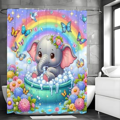 Cute Cartoon Elephant Bath Flower Butterfly Shower Curtain, Bathroom Decorative Shower Curtain, Waterproof Shower Curtain with H